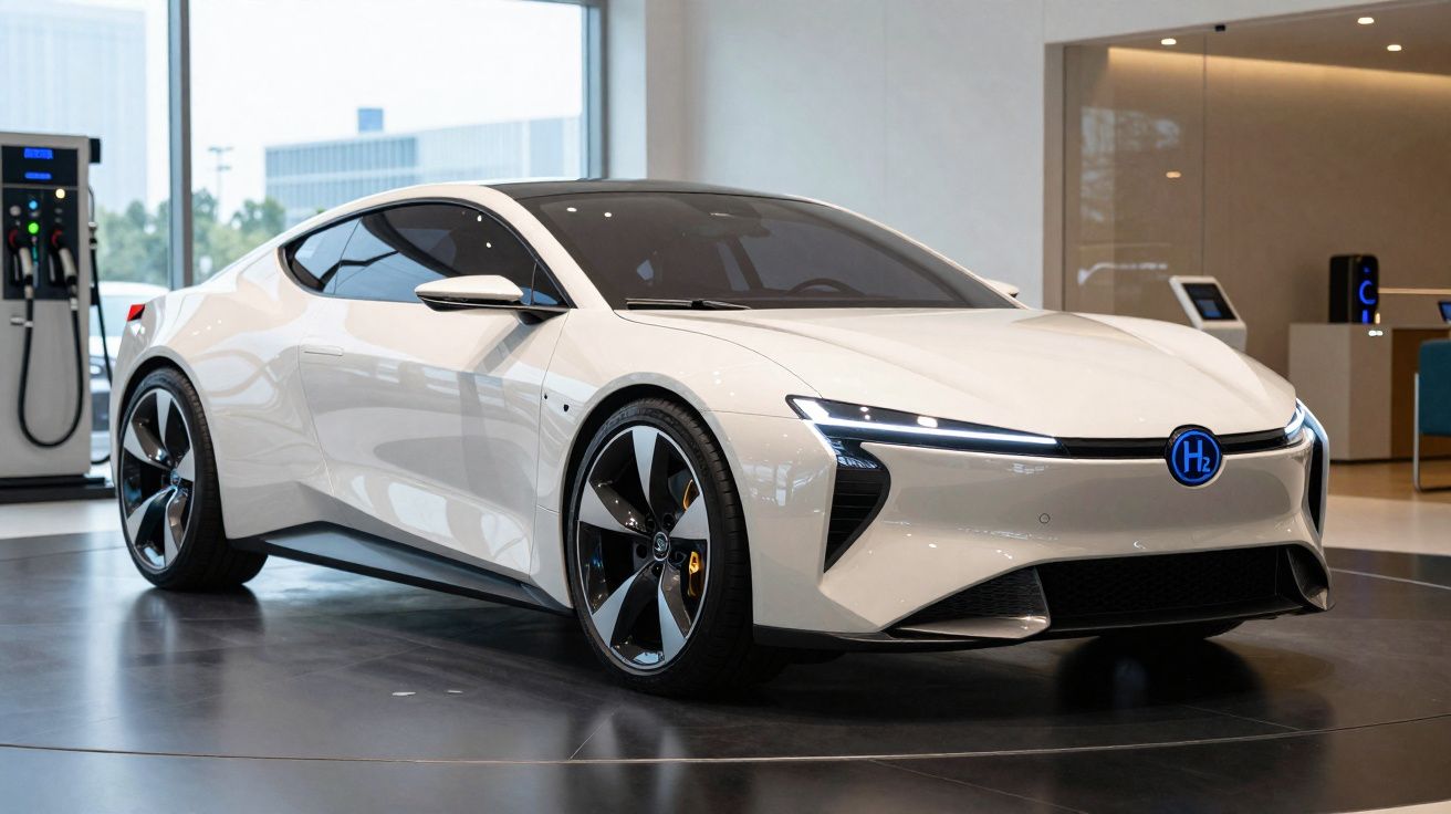 Carro esportivo branco com design futurista exibido em showroom moderno com carregador elétrico ao fundo.