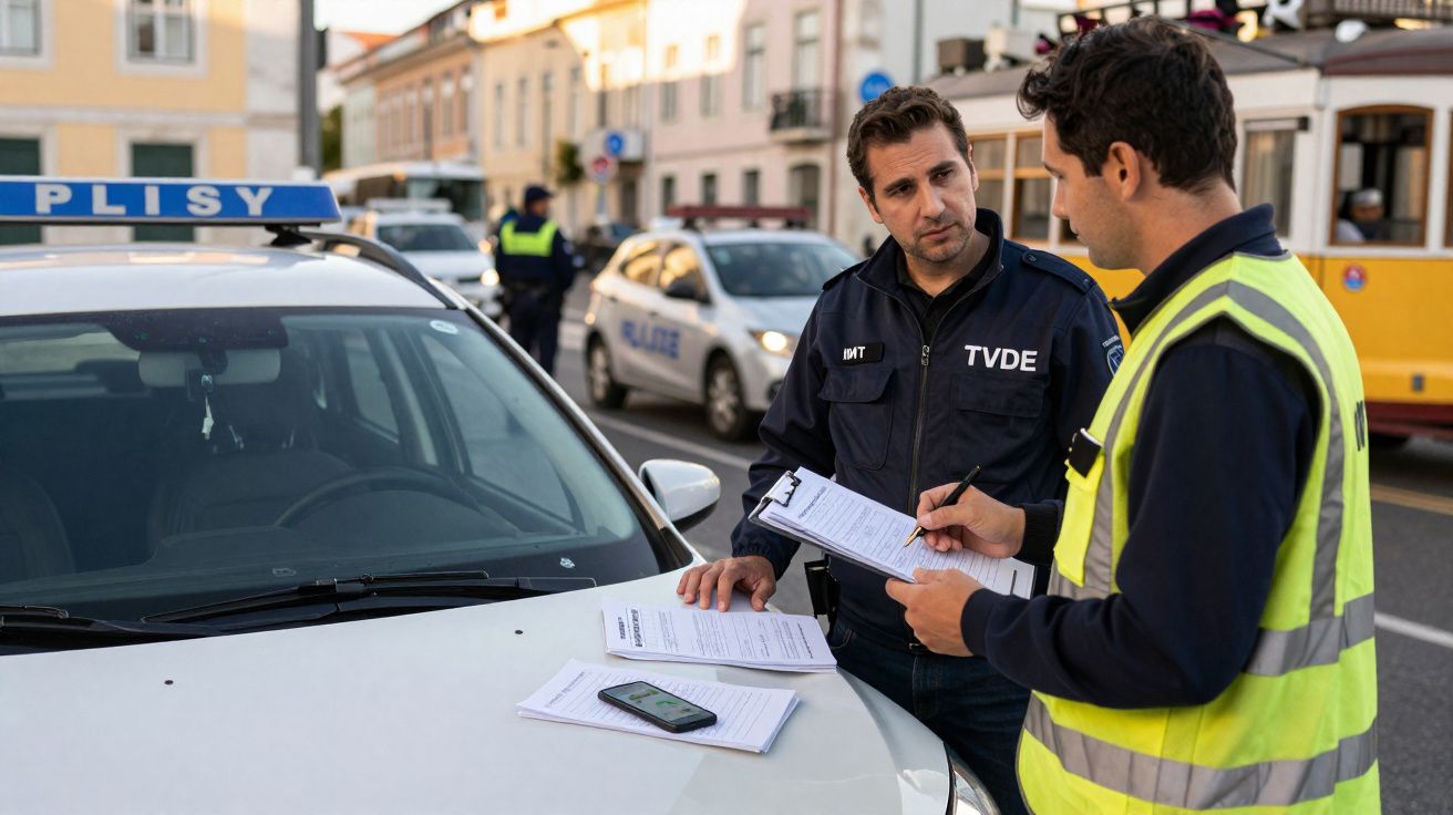 Dois policiais conversando ao lado de viatura branca em rua movimentada, analisando documentos.