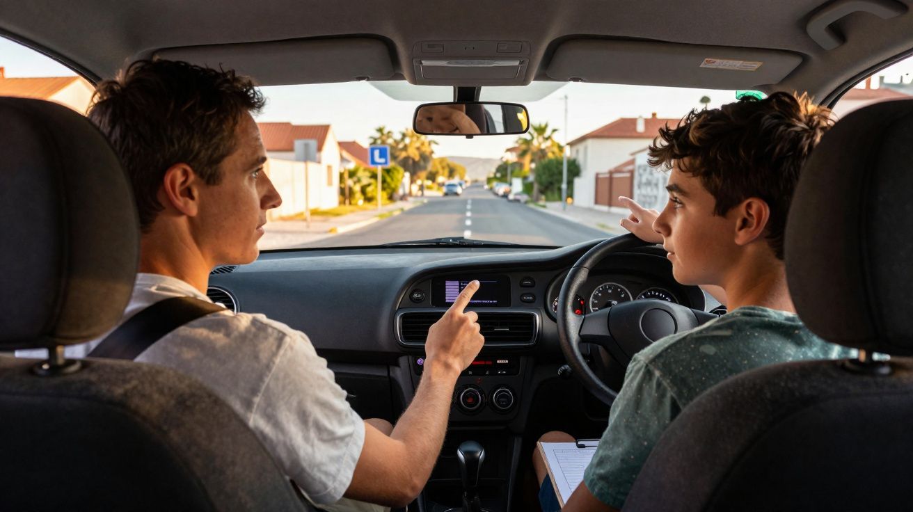 Instrutor e aluno em aula prática de direção dentro de carro, com placa de estacionamento ao fundo na rua.