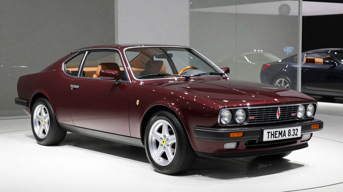 Carro esportivo clássico bordô com interior bege, modelo antigo exibido em salão automotivo.