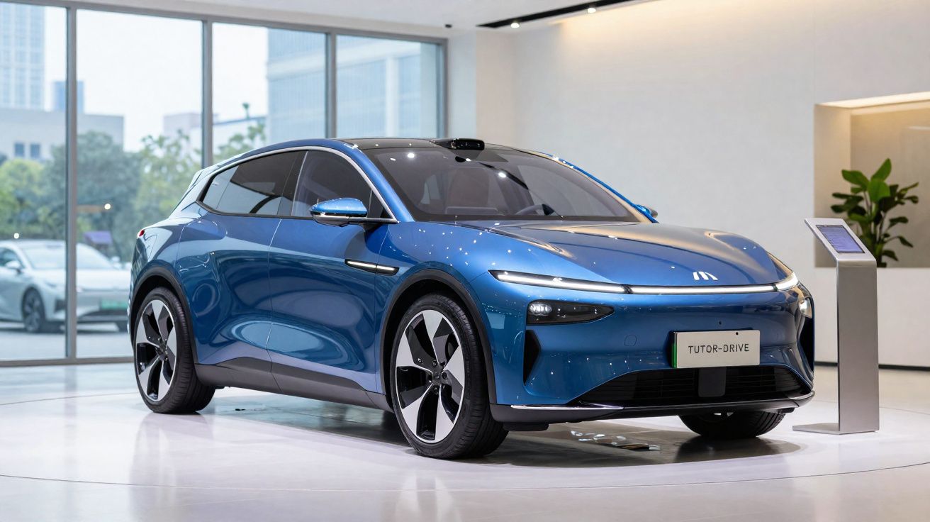 Carro elétrico azul exposto em ambiente interno com design moderno e aerodinâmico.