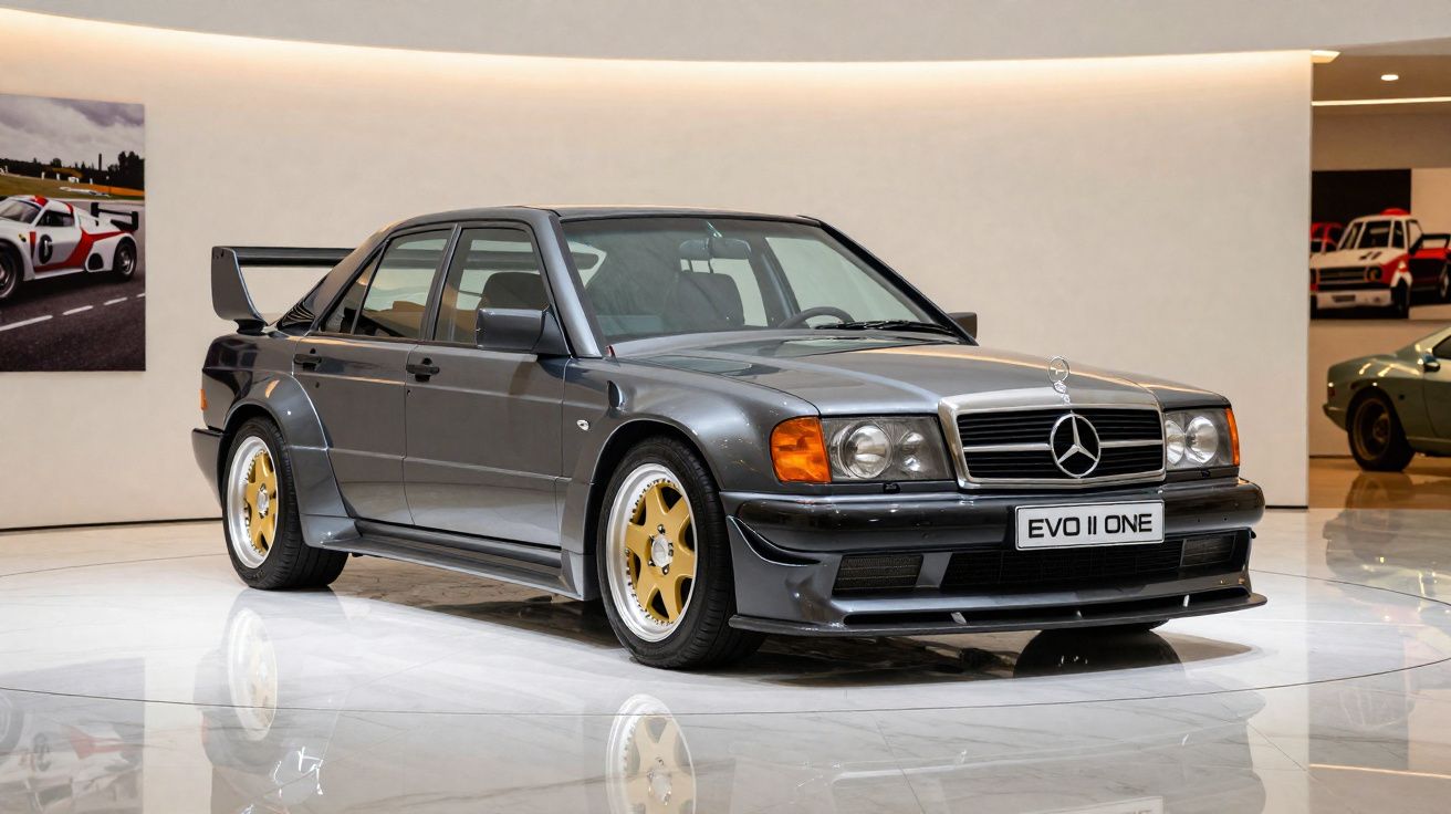 Carro esportivo Mercedes-Benz cinza com spoiler traseiro e rodas douradas em exposição interna.