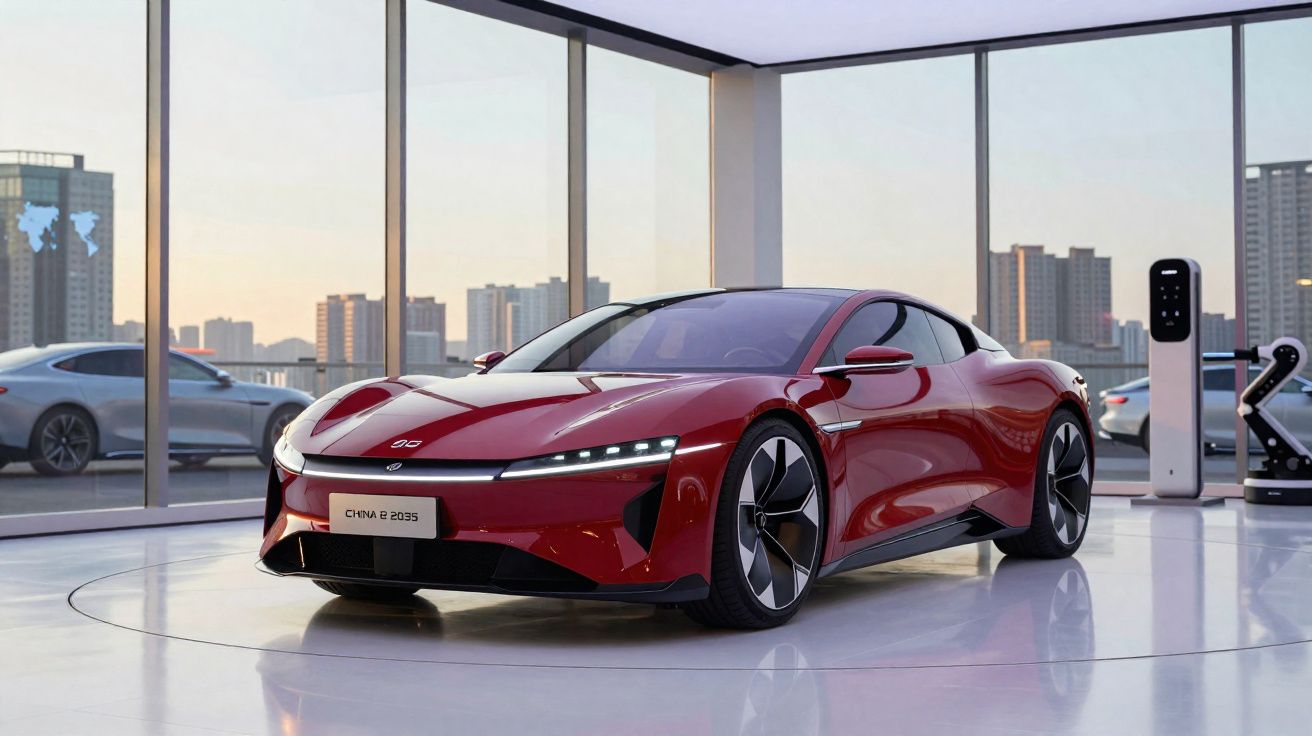 Carro esportivo elétrico vermelho estacionado em showroom moderno com paredes de vidro e vista para prédios.