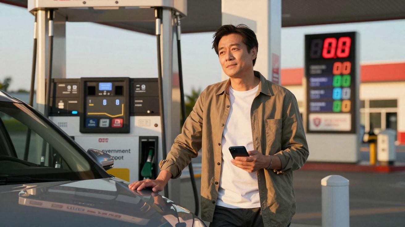 Homem segurando celular e encostado em carro em posto de gasolina durante o pôr do sol.