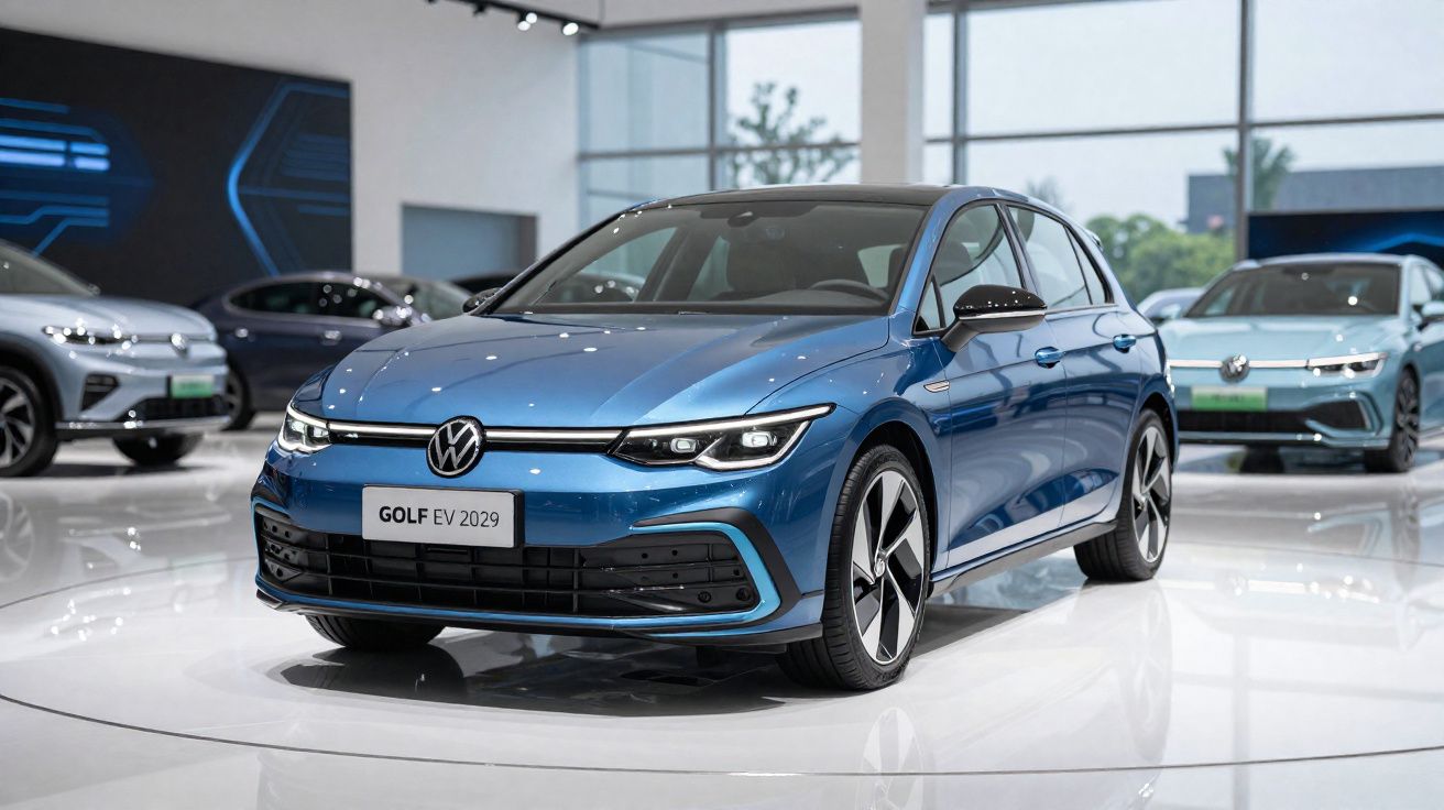 Carro elétrico Volkswagen Golf EV 2029 azul exibido em showroom moderno e iluminado.