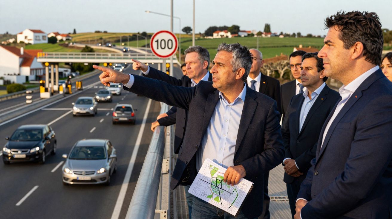 Homens de terno observam e apontam para estrada movimentada em viaduto durante o dia.