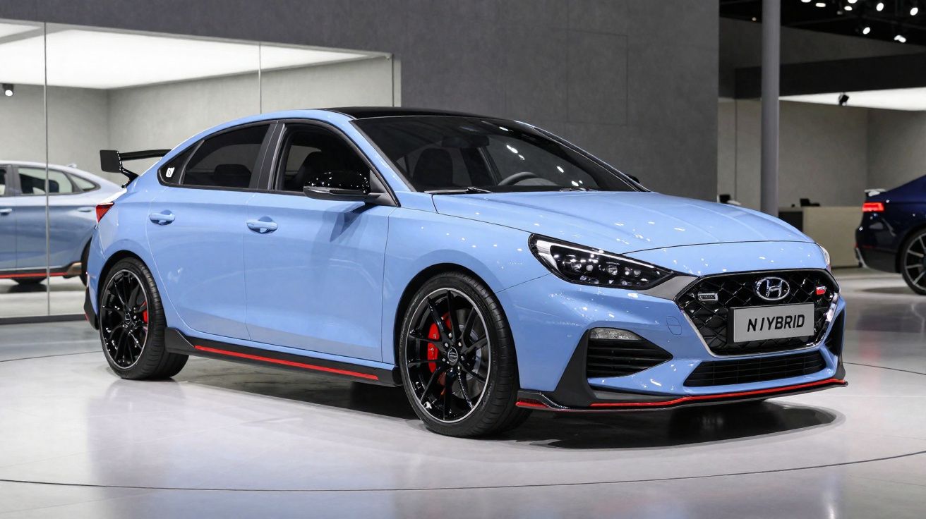Carro esportivo híbrido azul claro da Hyundai em exposição com rodas pretas e detalhes vermelhos.