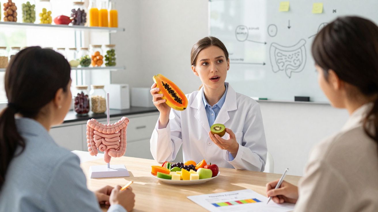 Nutricionista explicando a importância da alimentação saudável com frutas para duas pacientes em consultório.
