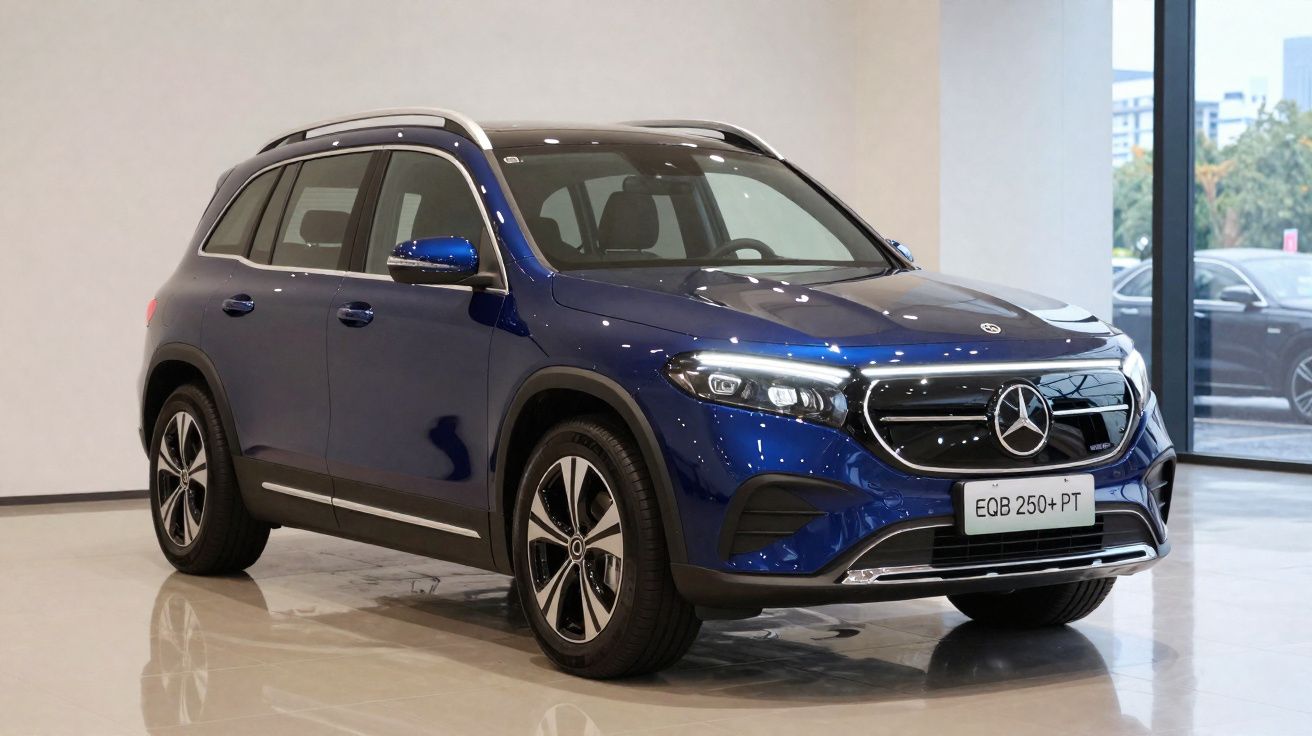 Carro SUV elétrico Mercedes-Benz EQB azul escuro exibido em showroom iluminado.