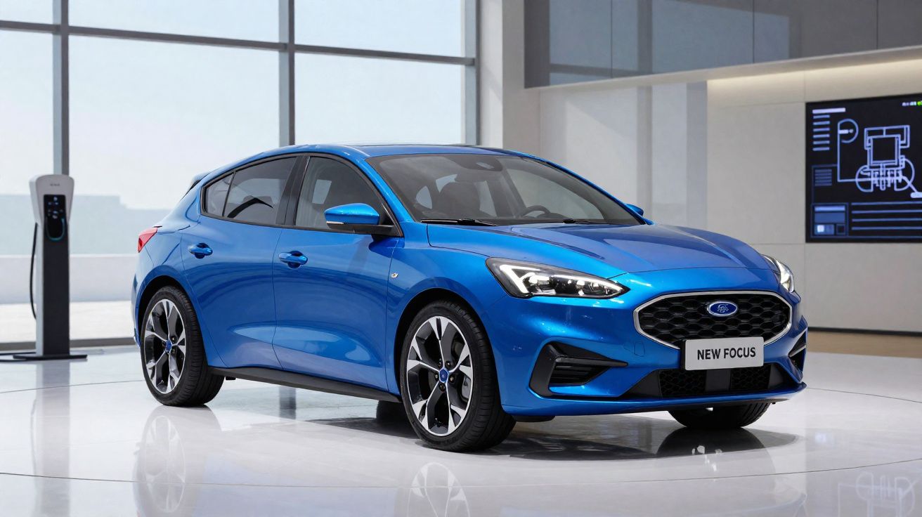 Carro hatchback azul Ford New Focus em exposição moderna com estação de carregamento ao fundo.