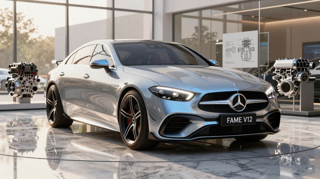 Carro esportivo Mercedes-Benz prata em salão com motores expostos ao fundo e placa FAME V12.