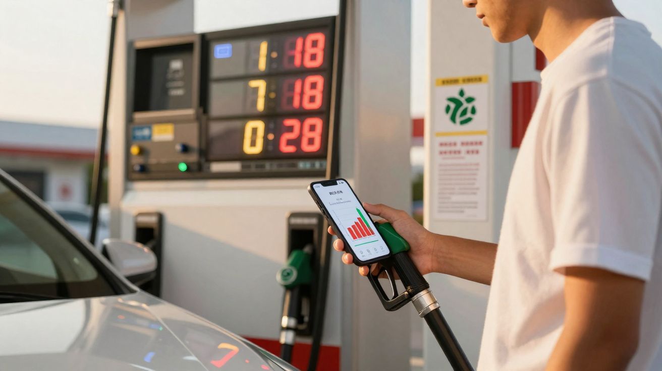 Pessoa segura bico de bomba de combustível e celular com gráfico em frente a painel de preços de posto de gasolina.