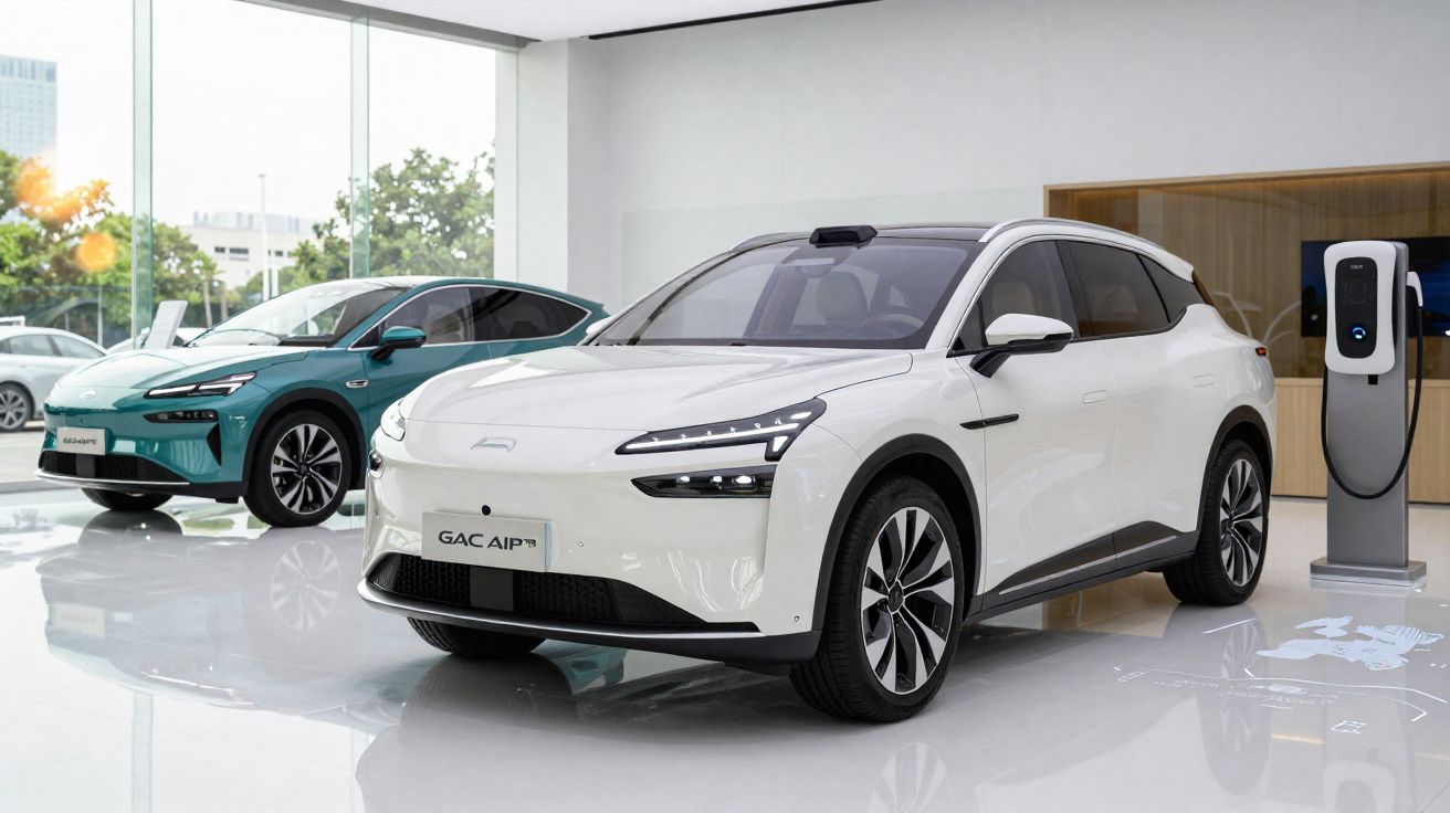 Dois carros elétricos modernos, branco e azul, expostos em showroom com carregador elétrico ao fundo.