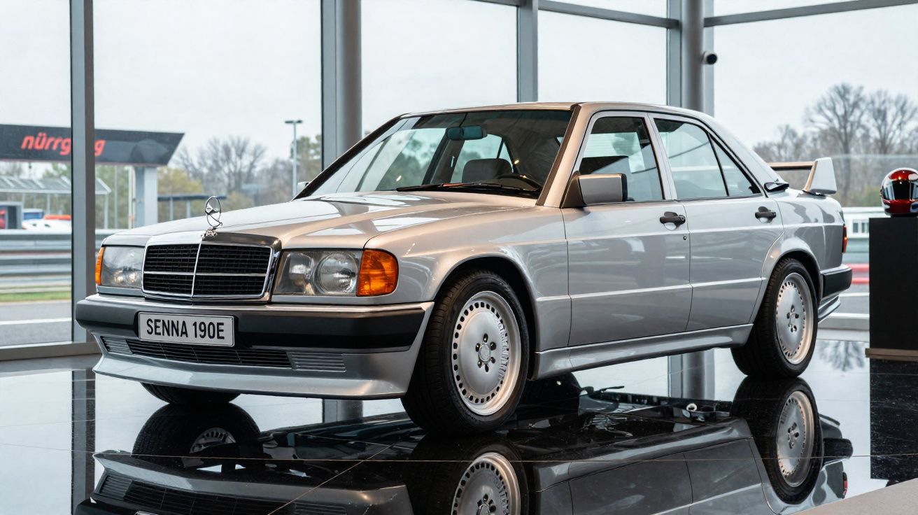 Carro Mercedes-Benz 190E prata em exposição com placa personalizada "SENNA 190E".