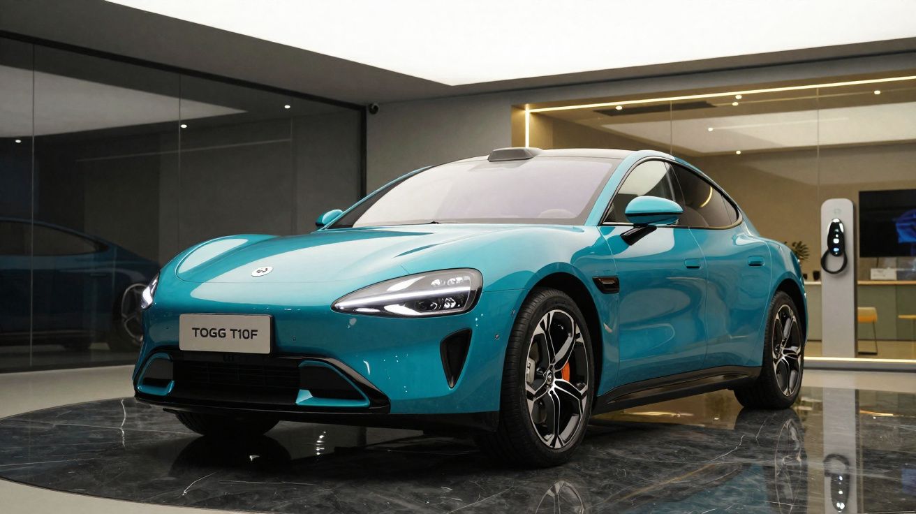 Carro elétrico azul turquesa TOGG T10F em showroom moderno com piso de mármore e parede espelhada.