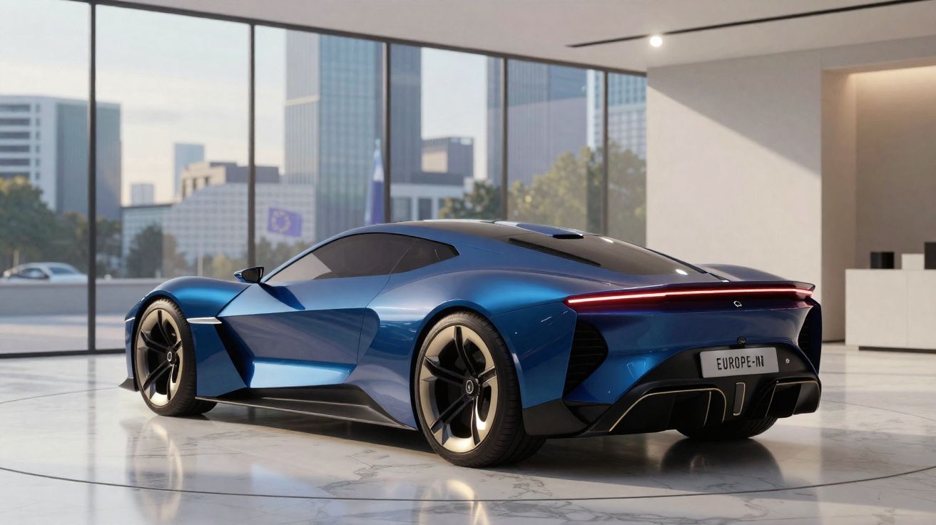 Carro esportivo azul metálico estacionado em ambiente interno com janelas grandes e vista urbana.