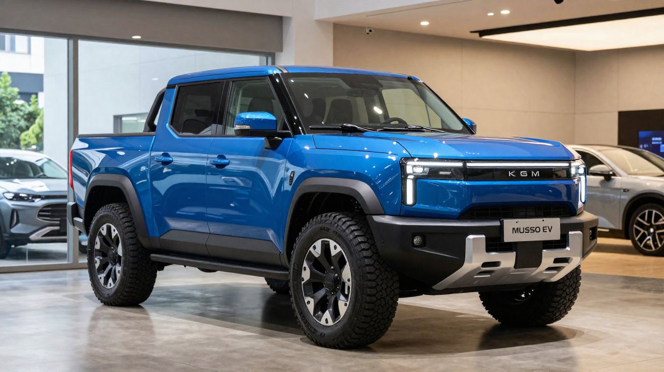 Picape elétrica azul KGM Musso EV exposta em showroom moderno e iluminado.