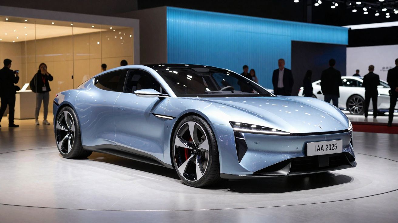 Carro esportivo elétrico prateado em exposição com pessoas ao fundo em ambiente fechado.