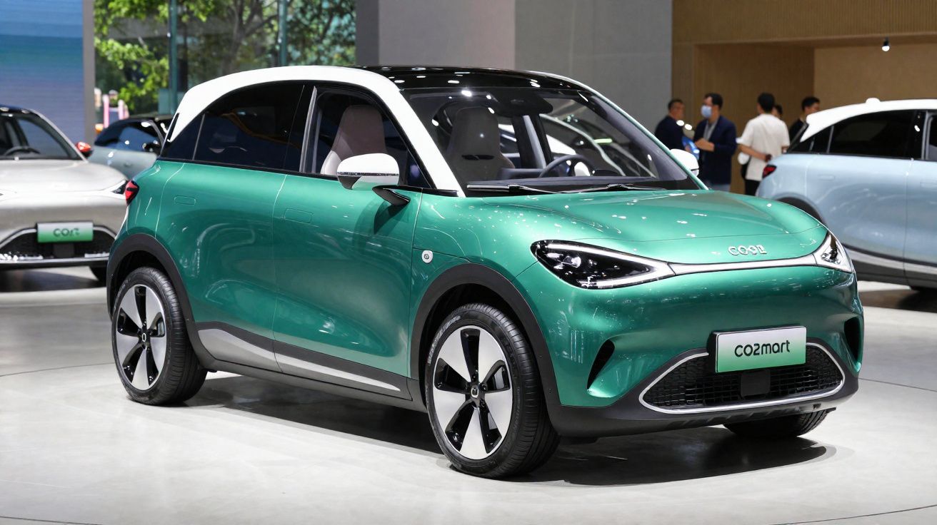 Carro compacto elétrico verde com teto branco exposto em salão de automóveis moderno.