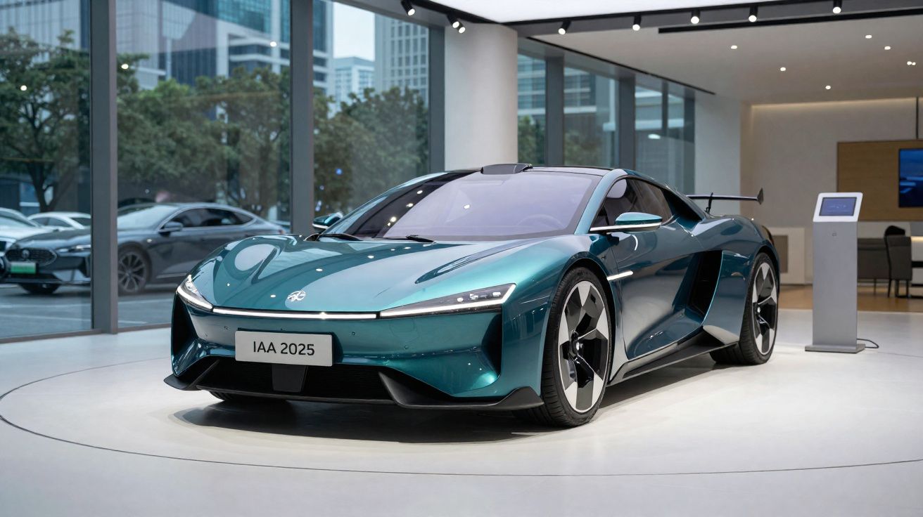 Carro esportivo elétrico azul metálico exibido em salão de automóveis com design futurista e aerodinâmico.