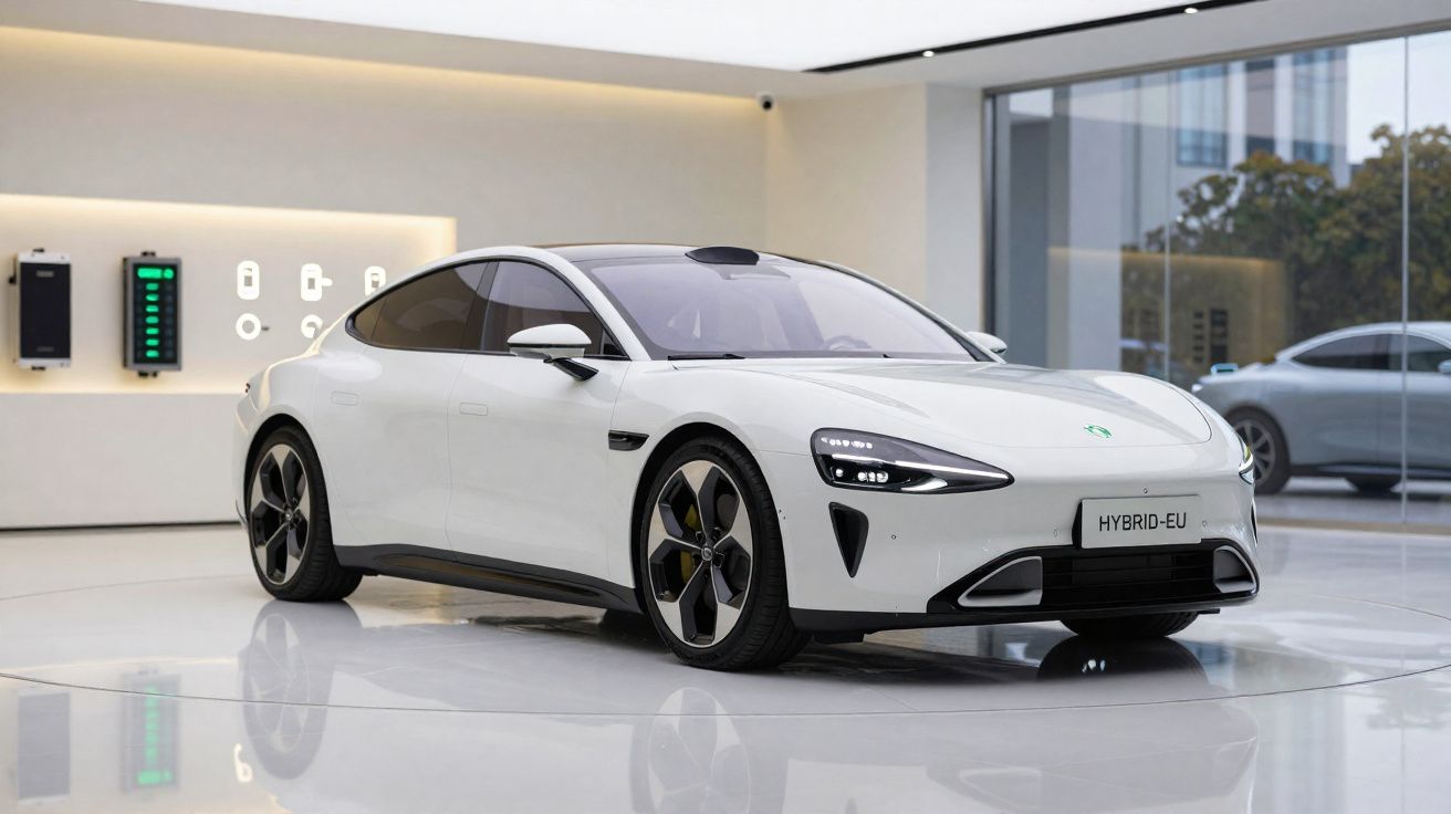 Carro elétrico branco modelo Hybrid-EU exposto em ambiente moderno com turbinas de carregamento ao fundo.