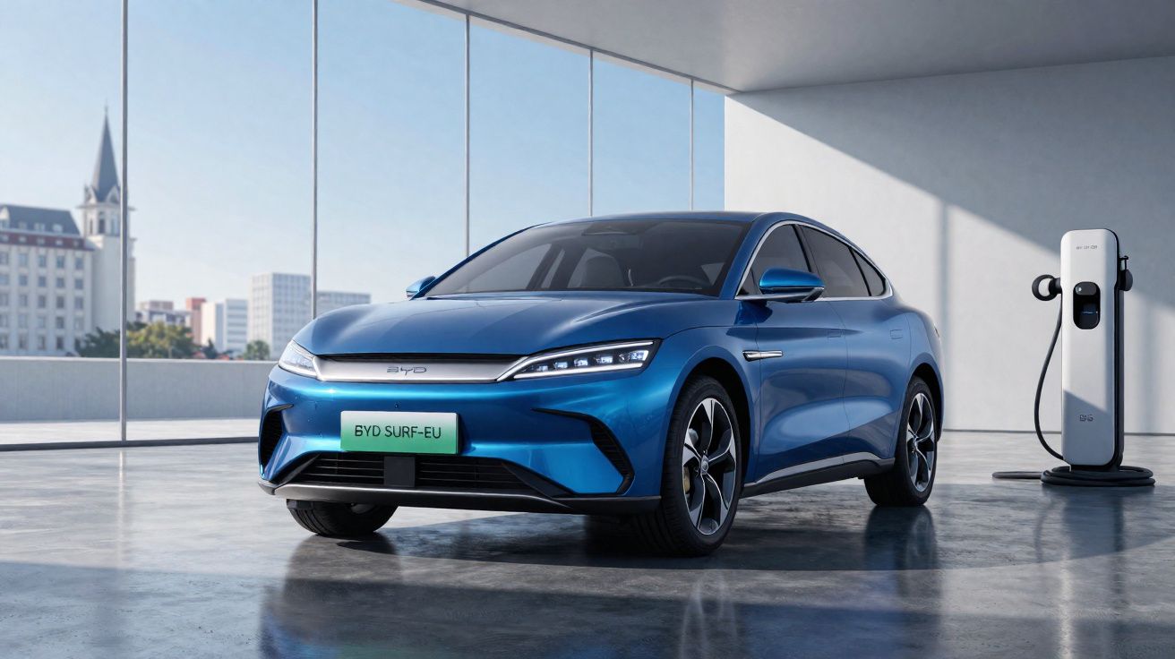Carro elétrico azul BYD SURF-EU estacionado em garagem moderna ao lado de carregador elétrico.