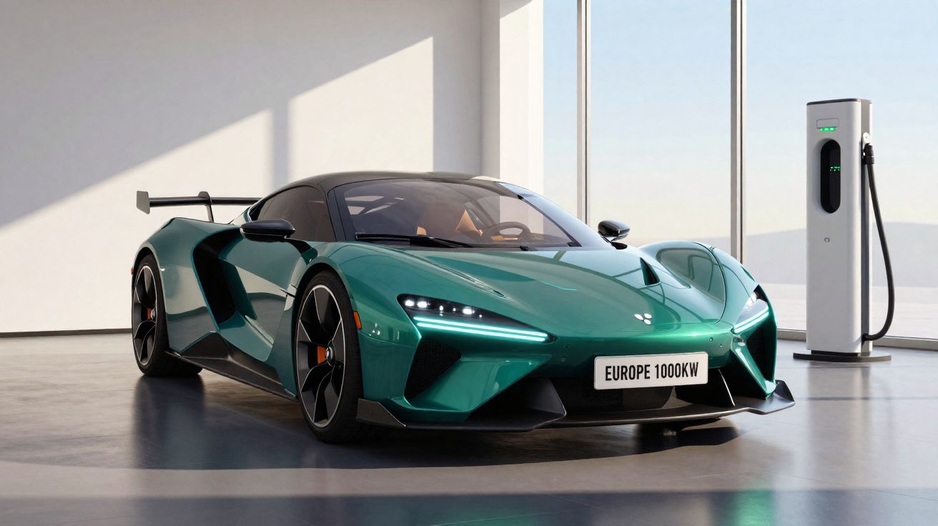 Carro esportivo elétrico verde estacionado em ambiente interno moderno com estação de carregamento ao lado