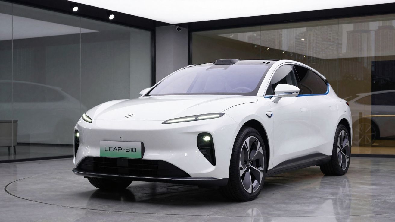 Carro elétrico branco LEAP-B10 estacionado em ambiente interno com piso refletivo e paredes de vidro.