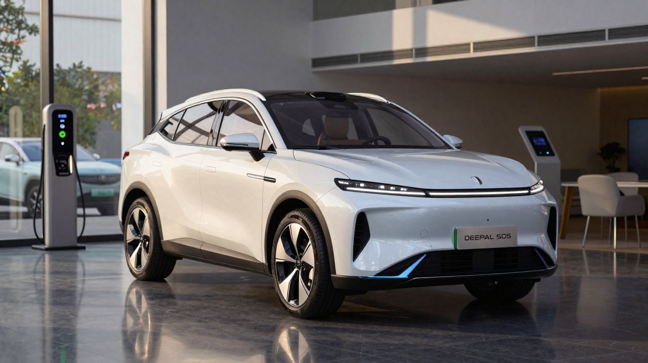 Carro elétrico branco modelo Deepal S05 estacionado em showroom com estação de recarga ao fundo.
