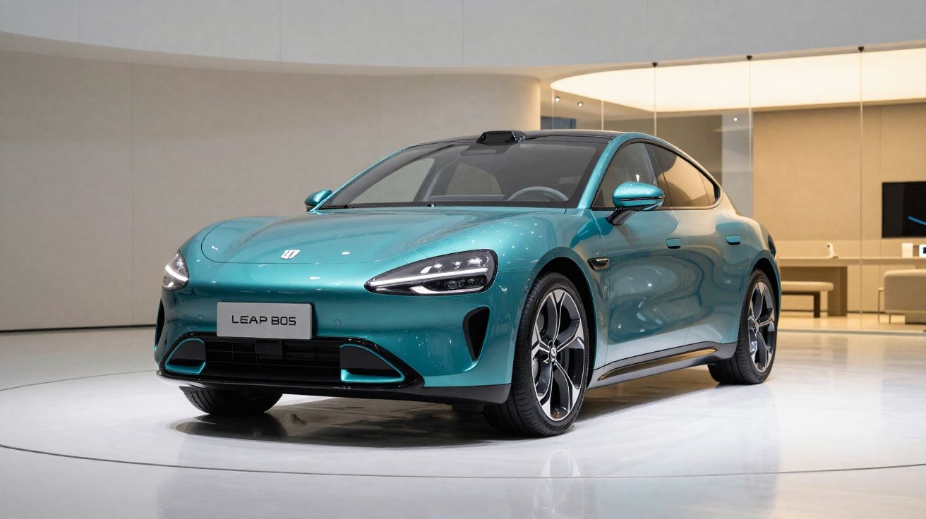 Carro elétrico LEAP 805 azul exibido em ambiente moderno e iluminado, vista frontal em ângulo.