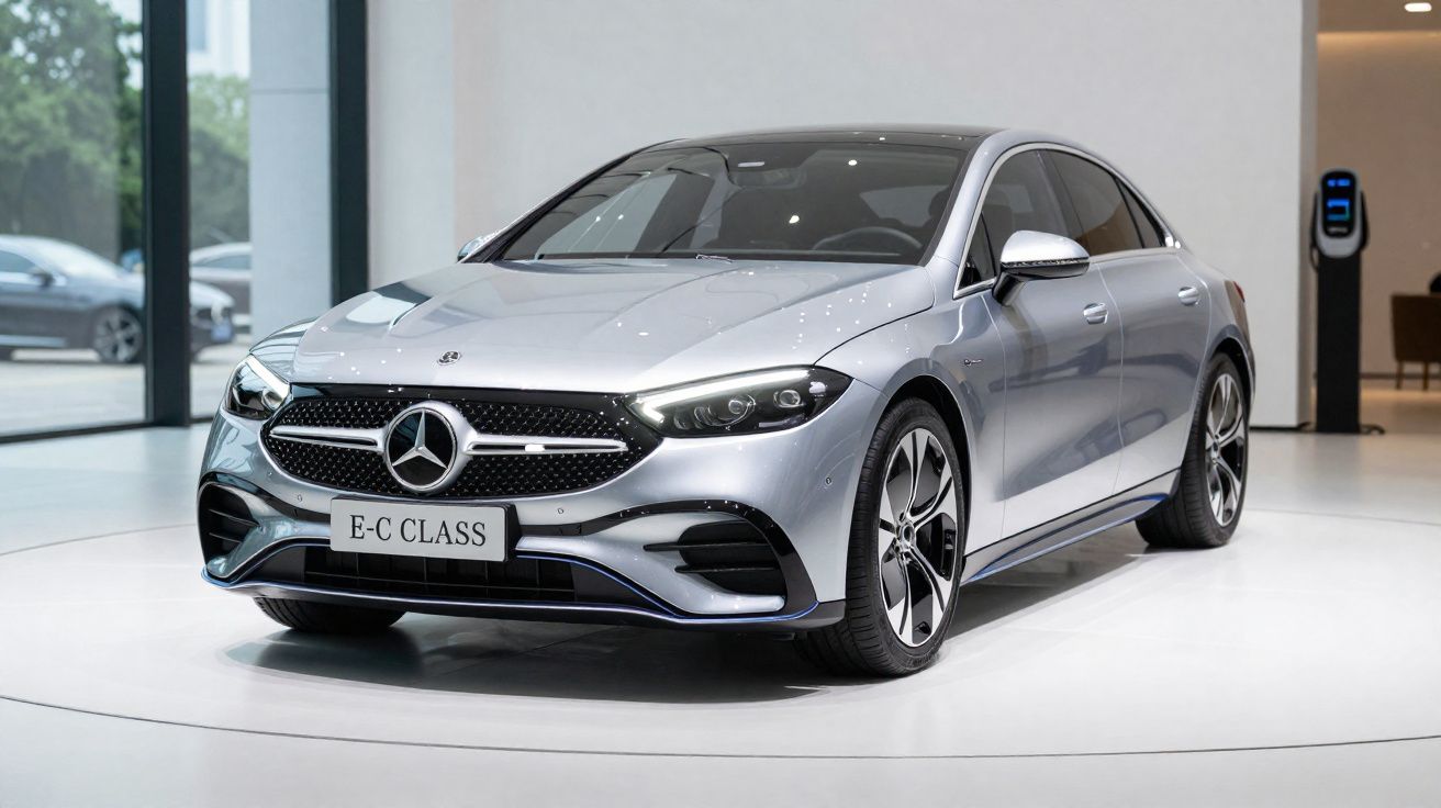 Carro Mercedes-Benz E-C Class prata exibido em showroom moderno com iluminação clara.