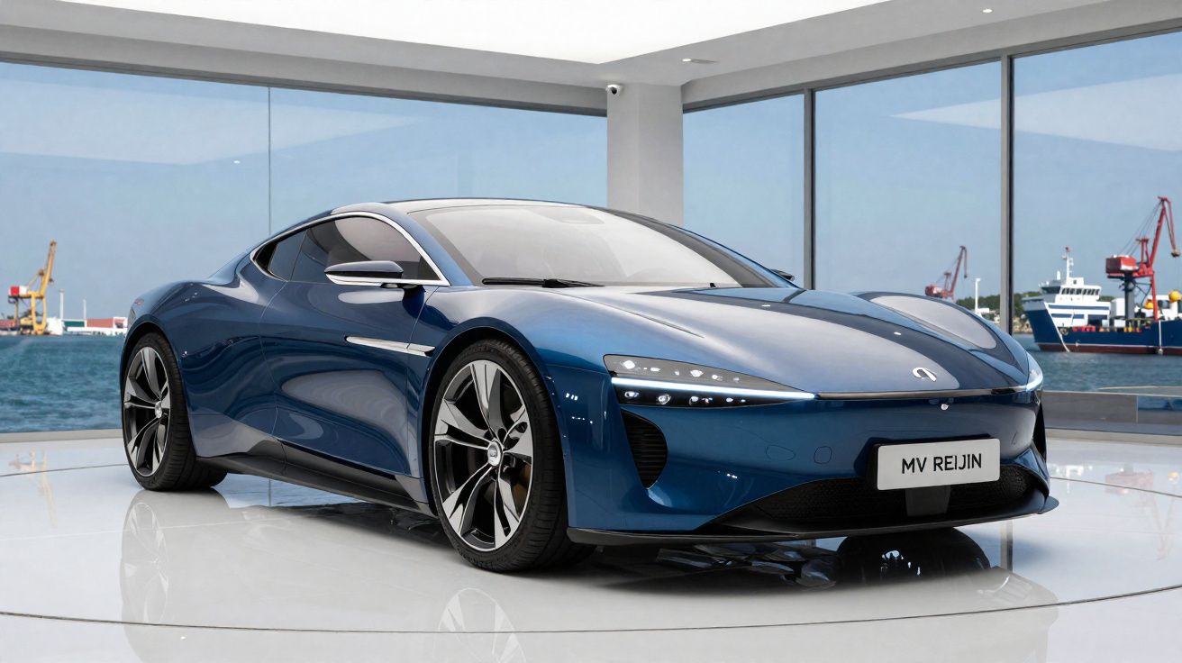 Carro esportivo elétrico azul MV Reijin exposto em sala com vista para o porto e navios ao fundo.