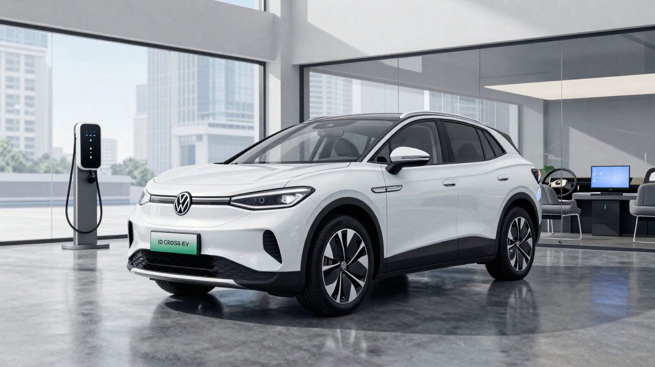 Carro elétrico branco Volkswagen ID. Cross EV em showroom moderno com carregador ao fundo.