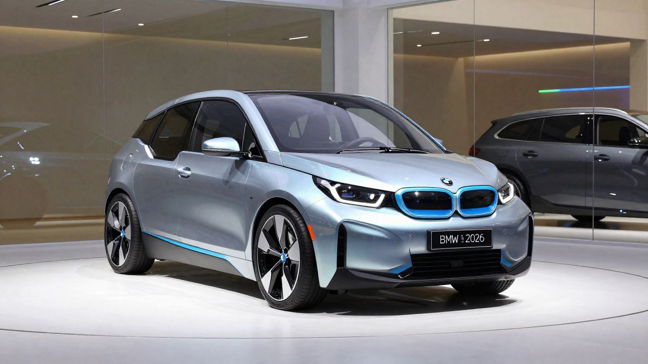 Carro elétrico BMW i3 2026 prata exposto em salão moderno e iluminado.