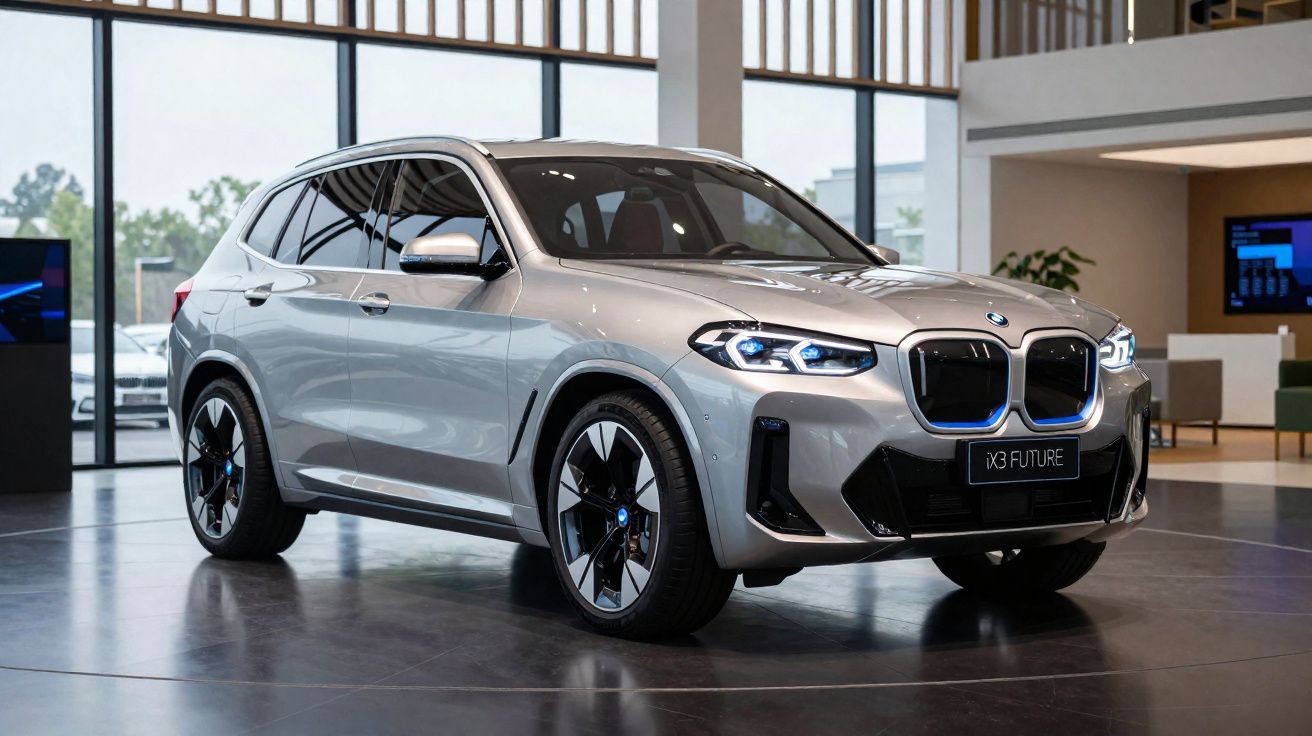 BMW iX3 Future prata em exposição em showroom moderno com grande vidro e decoração minimalista.