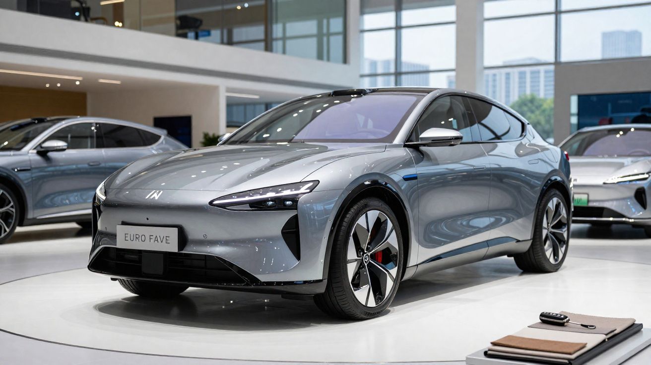 Carro elétrico cinza moderno exposto em salão automotivo com design aerodinâmico e rodas esportivas.