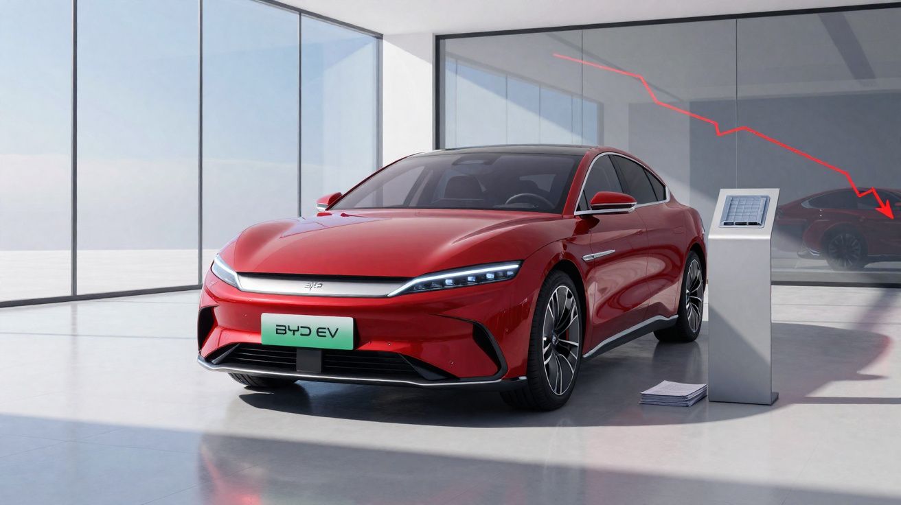 Carro elétrico vermelho BYD EV exibido em ambiente moderno com vidro e pedestal com tablet.