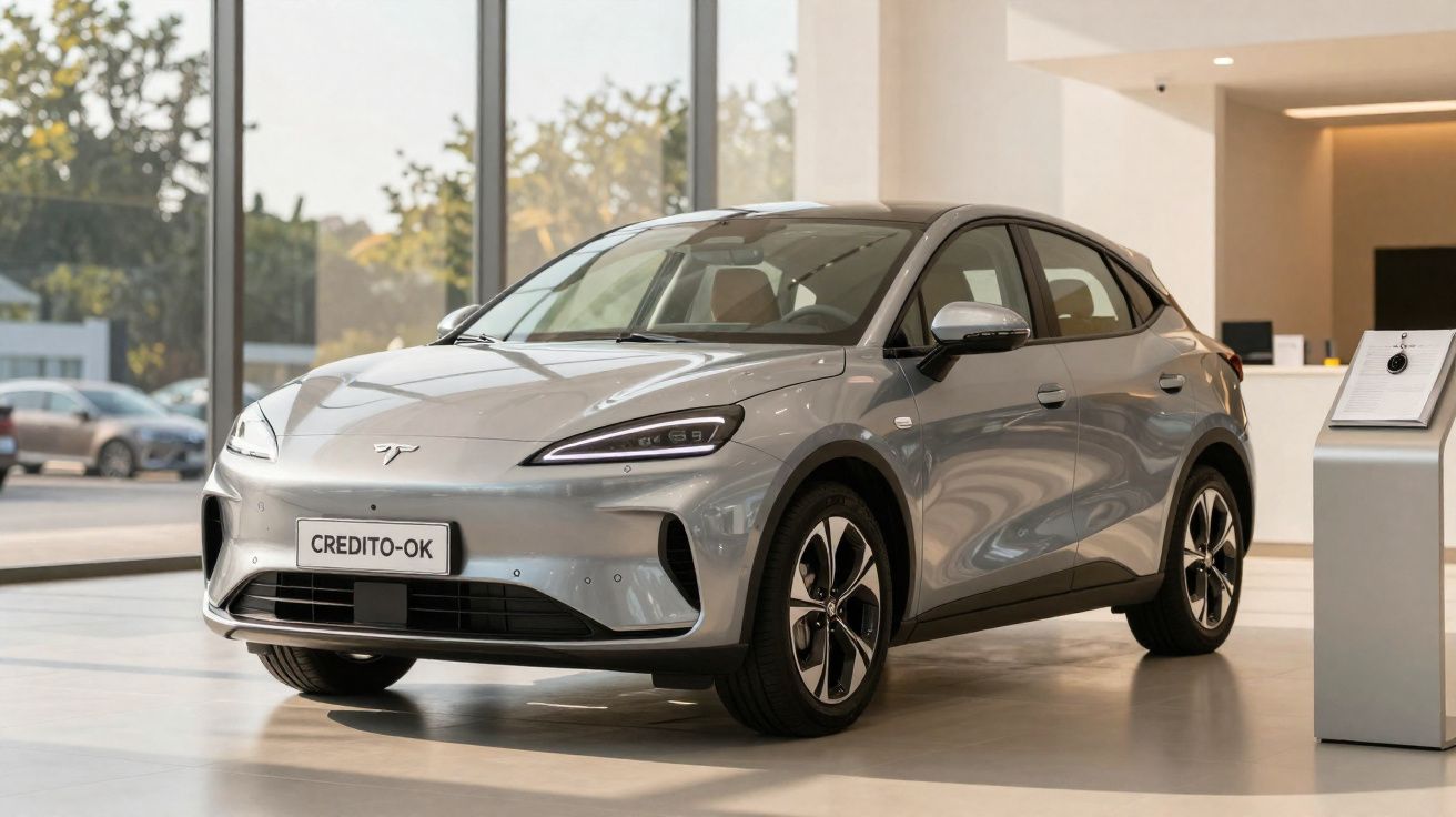 Carro elétrico cinza estacionado dentro de uma concessionária moderna com vidro ao fundo.