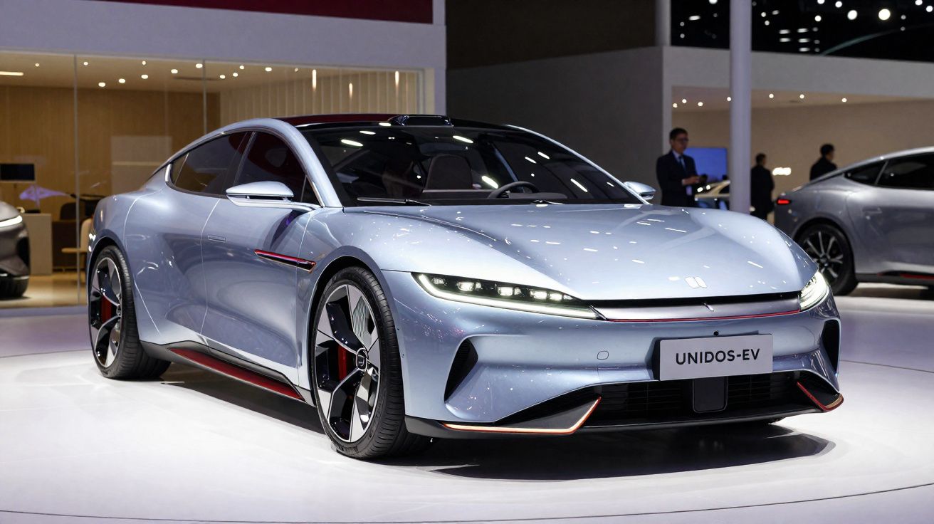 Carro elétrico esportivo cinza prateado com design futurista em exposição em salão automotivo.