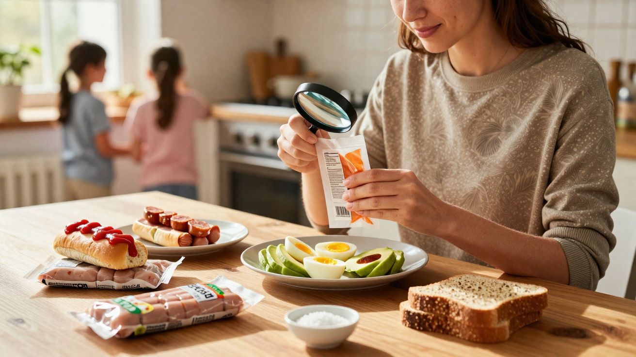 Mulher usando lupa para ler rótulo de alimento na cozinha, com lanche e filhos ao fundo.