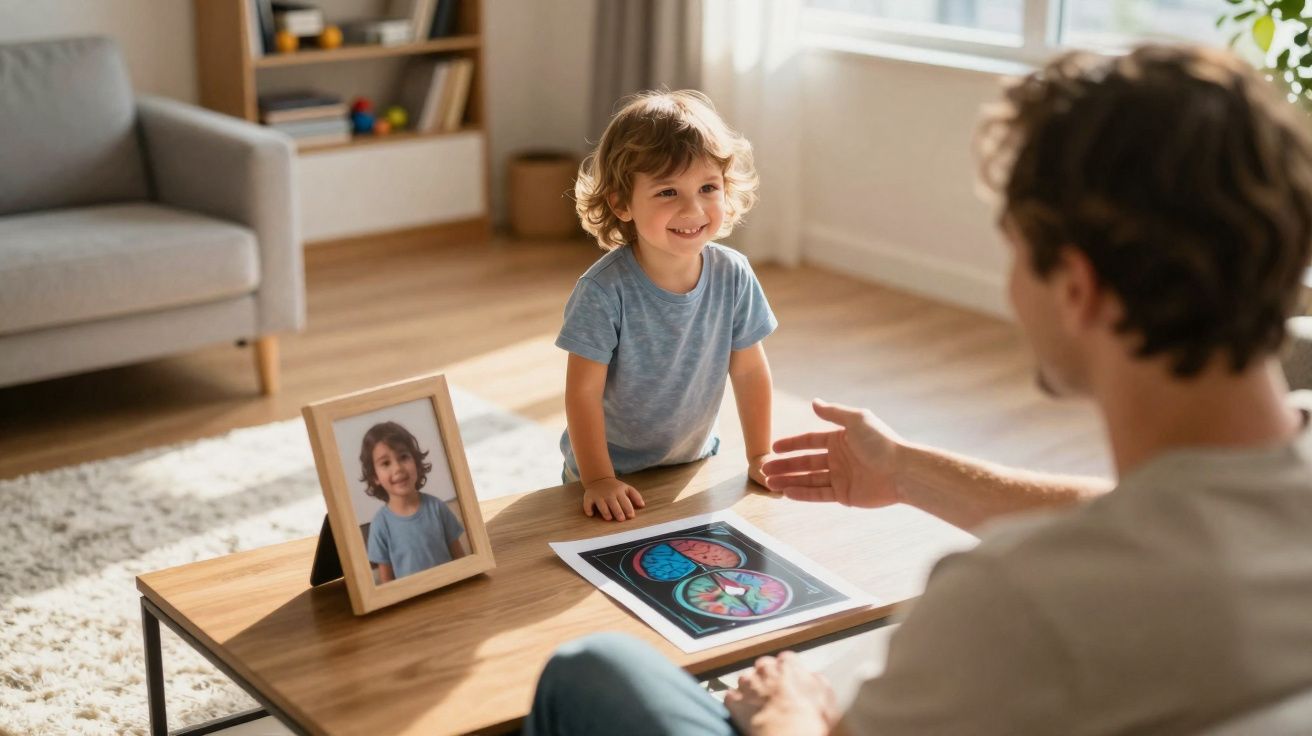 Menino sorridente em camiseta azul conversa com adulto em sala iluminada durante atividade na mesa.