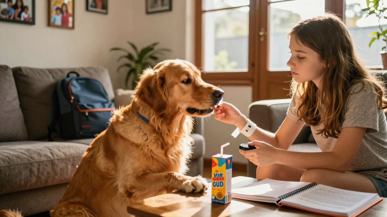 Menina alimenta cachorro golden retriever dentro de casa, com mesa, caderno e suco à frente.