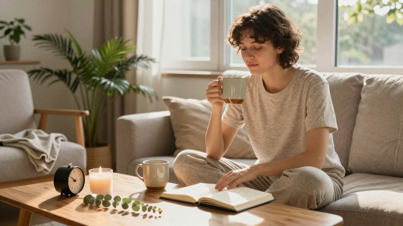 Jovem sentado no sofá lendo um livro e tomando café em sala iluminada pela luz natural.