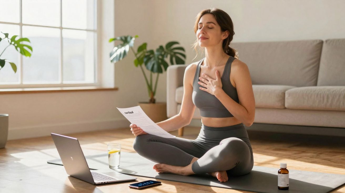 Mulher sentada em posição de meditação com olhos fechados, segurando papel, em ambiente iluminado.