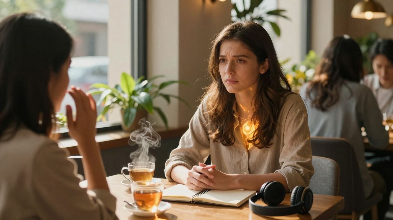 Duas mulheres conversando em café, uma delas com expressão preocupada, livro aberto e chá na mesa.