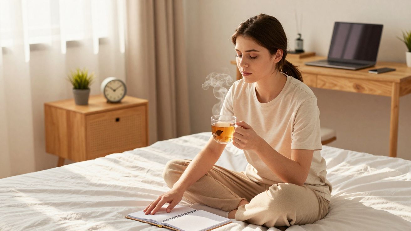 Mulher sentada na cama segurando xícara de chá quente e lendo caderno em quarto com luz natural.
