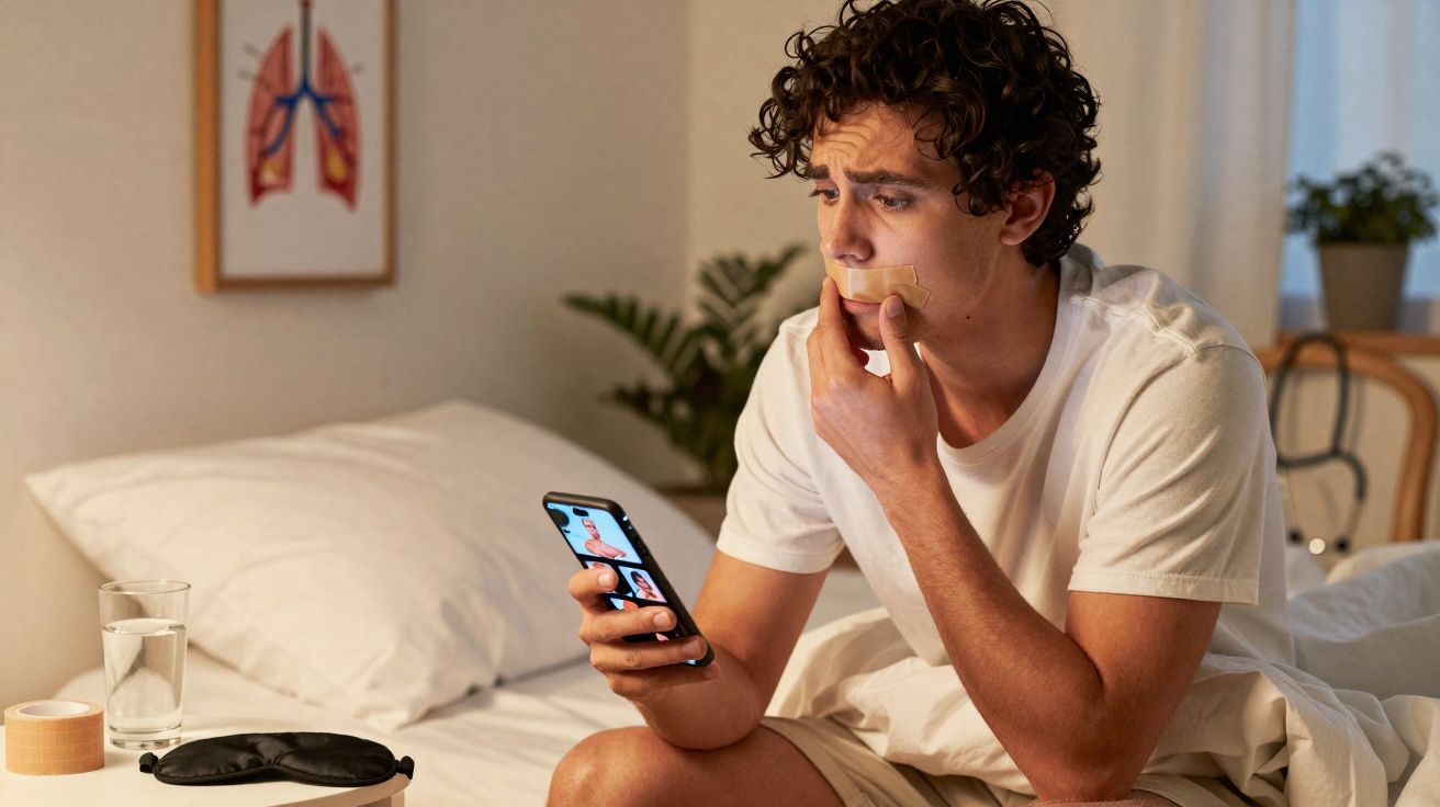 Homem sentado na cama com curativo na boca, olhando preocupado para celular, com itens médicos ao lado.