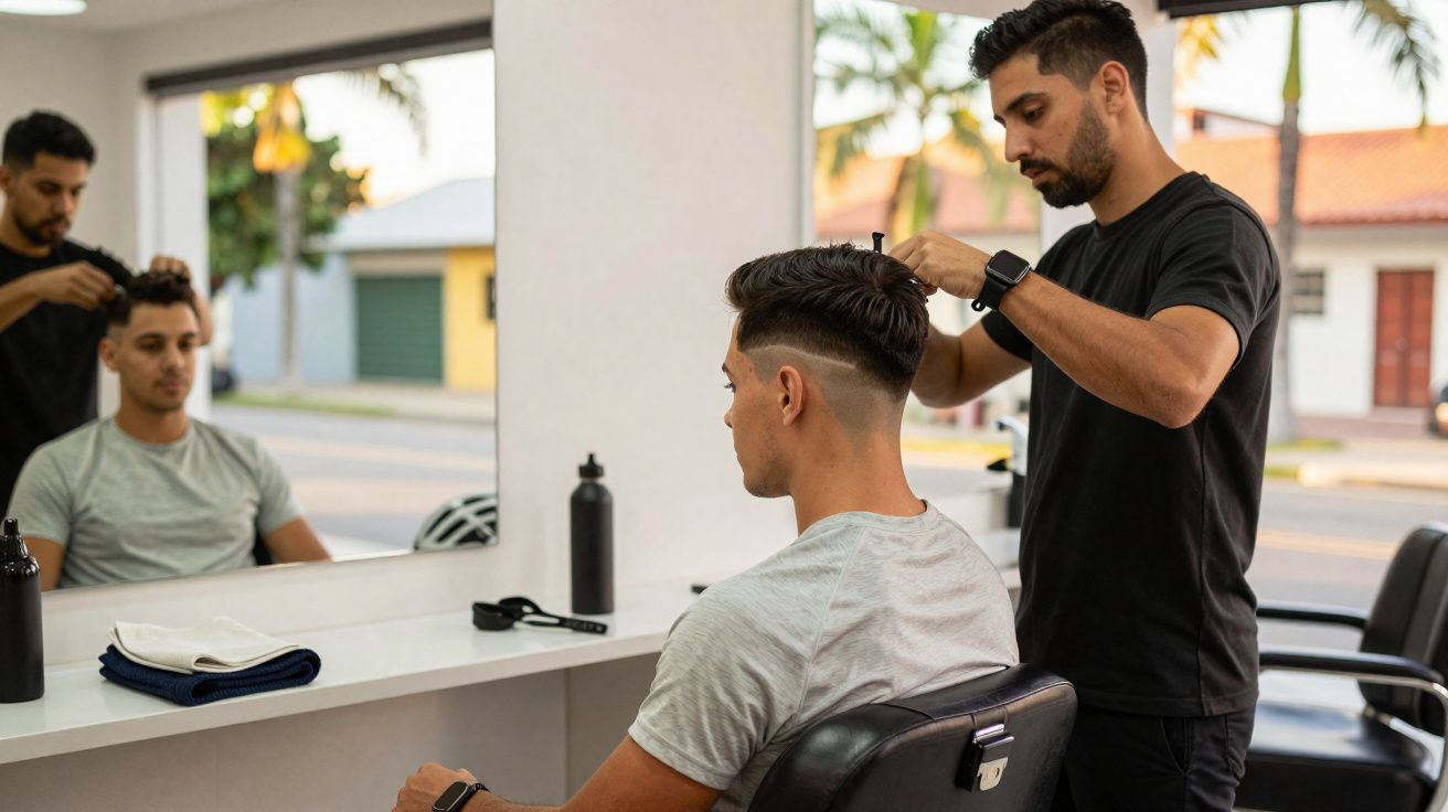 Homem cortando cabelo de cliente em barbearia moderna com janela para rua ao fundo.