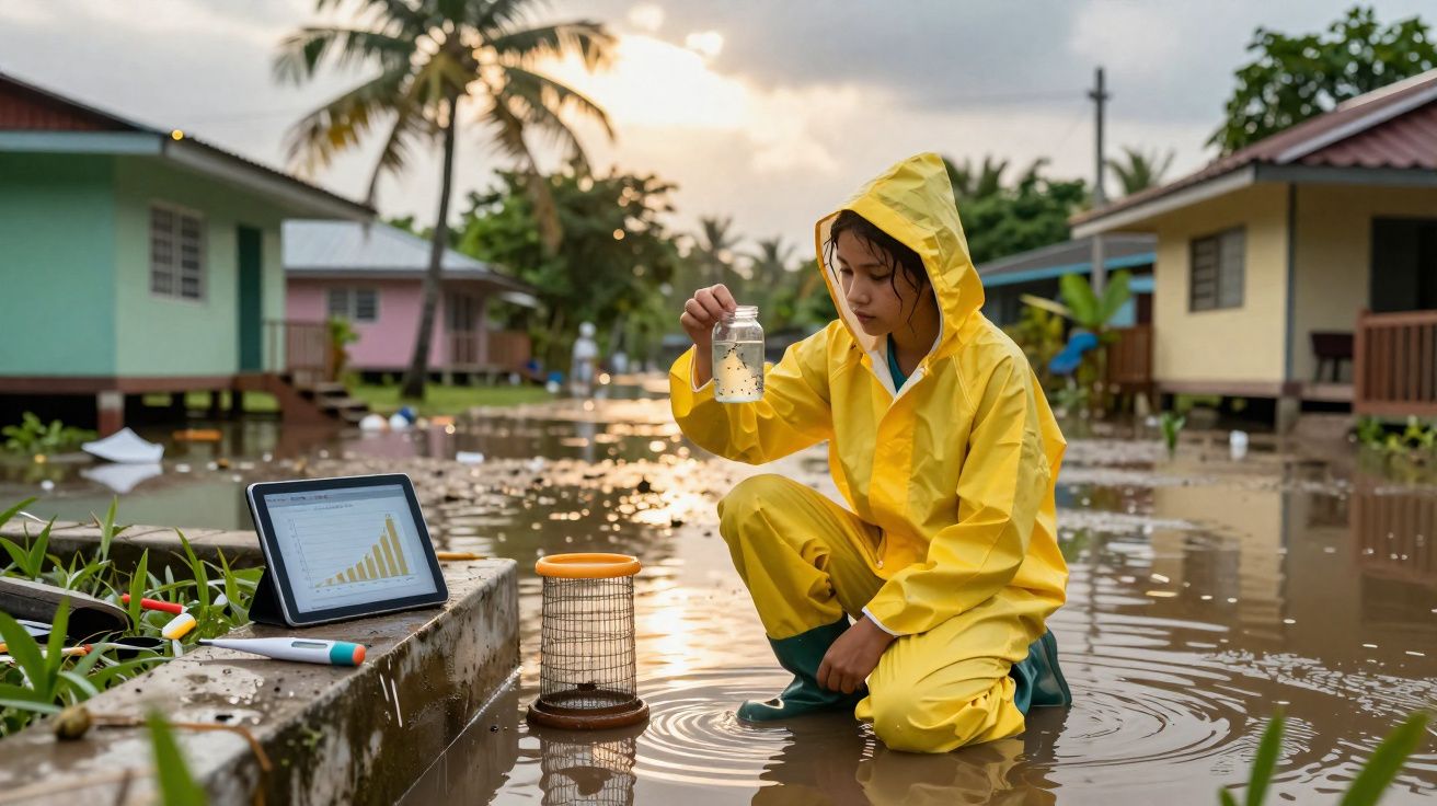 Criança com roupa de chuva amarela coleta amostra d’água em área alagada entre casas coloridas ao entardecer.