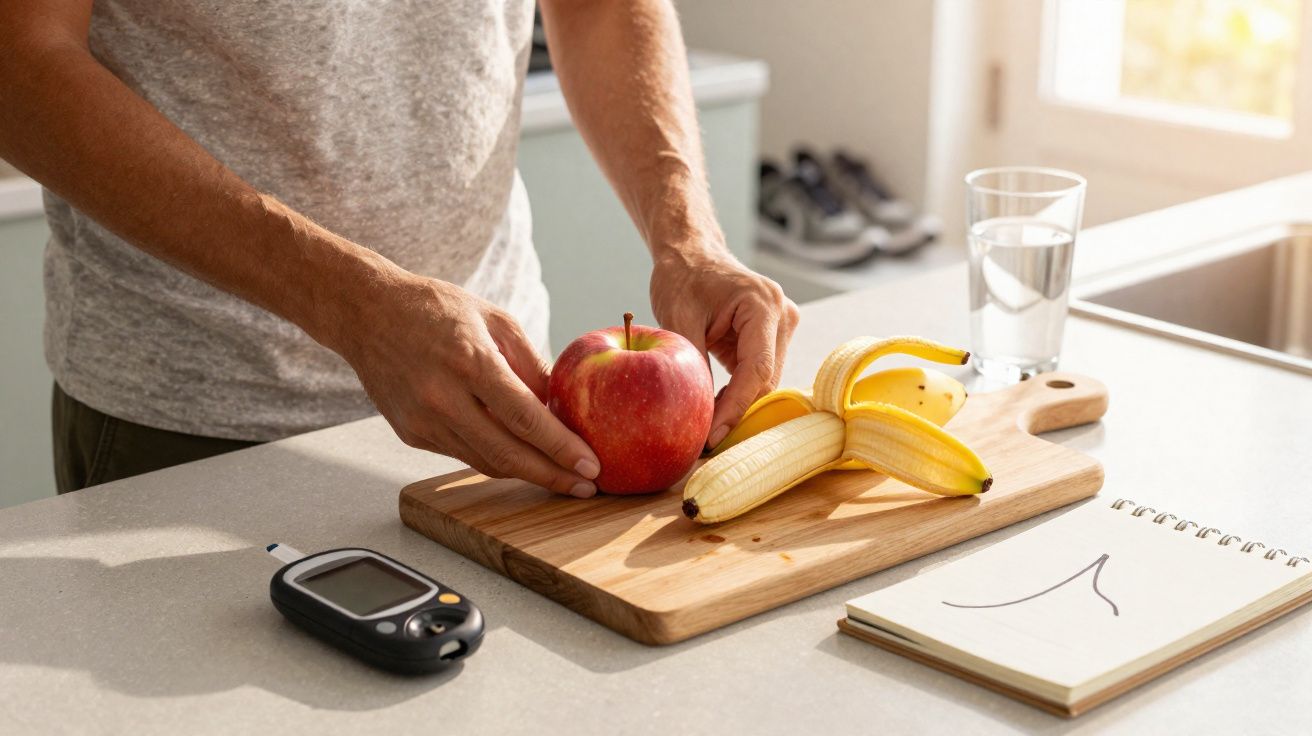 Pessoa segurando maçã junto com banana descascada sobre tábua de corte, monitor de glicose, copo d'água e caderno.